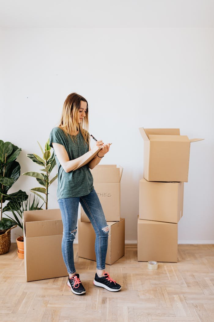 Content lady taking notes during relocation