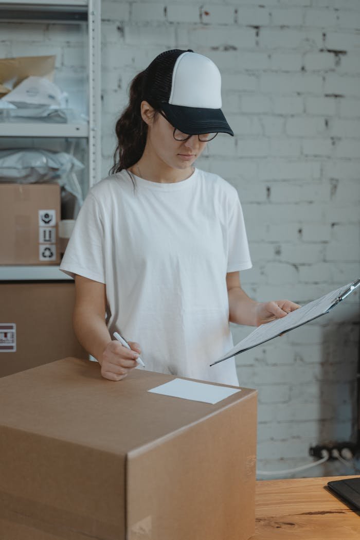 Woman writing down on a Carton Box while looking at a Clipboard